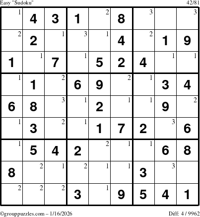 The grouppuzzles.com Easy Sudoku puzzle for Friday January 16, 2026 with the first 3 steps marked