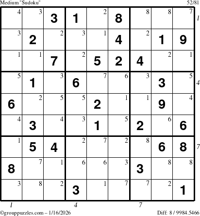 The grouppuzzles.com Medium Sudoku puzzle for Friday January 16, 2026 with all 8 steps marked