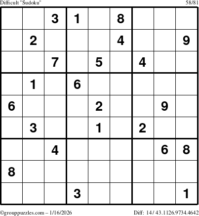 The grouppuzzles.com Difficult Sudoku puzzle for Friday January 16, 2026