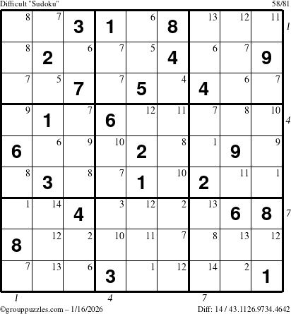 The grouppuzzles.com Difficult Sudoku puzzle for Friday January 16, 2026 with all 14 steps marked