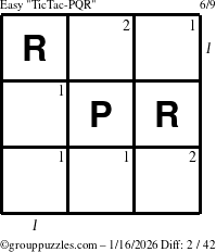 The grouppuzzles.com Easy TicTac-PQR puzzle for Friday January 16, 2026 with all 2 steps marked
