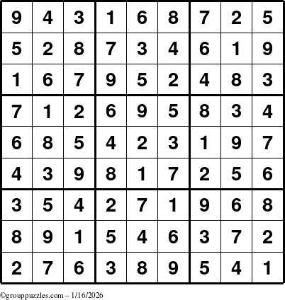 The grouppuzzles.com Answer grid for the Sudoku puzzle for Friday January 16, 2026
