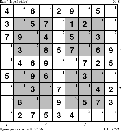 The grouppuzzles.com Easy HyperSudoku puzzle for Friday January 16, 2026, suitable for printing, with all 3 steps marked