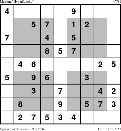 The grouppuzzles.com Medium HyperSudoku puzzle for Friday January 16, 2026