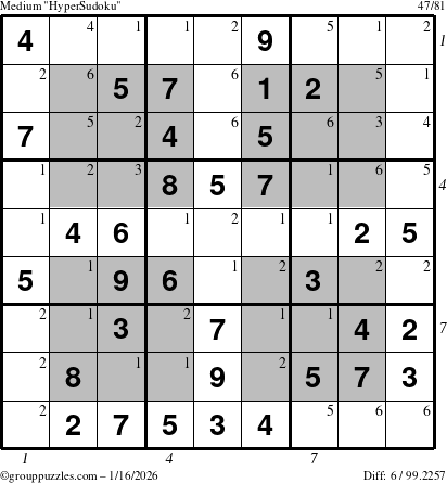 The grouppuzzles.com Medium HyperSudoku puzzle for Friday January 16, 2026, suitable for printing, with all 6 steps marked