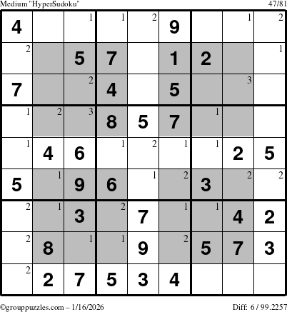The grouppuzzles.com Medium HyperSudoku puzzle for Friday January 16, 2026 with the first 3 steps marked