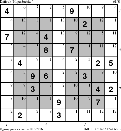 The grouppuzzles.com Difficult HyperSudoku puzzle for Friday January 16, 2026, suitable for printing, with all 13 steps marked