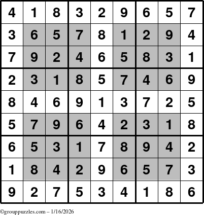 The grouppuzzles.com Answer grid for the HyperSudoku puzzle for Friday January 16, 2026