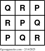 The grouppuzzles.com Answer grid for the TicTac-PQR puzzle for Friday February 14, 2025