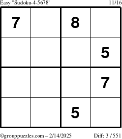 The grouppuzzles.com Easy Sudoku-4-5678 puzzle for Friday February 14, 2025