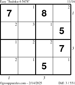 The grouppuzzles.com Easy Sudoku-4-5678 puzzle for Friday February 14, 2025, suitable for printing, with all 3 steps marked