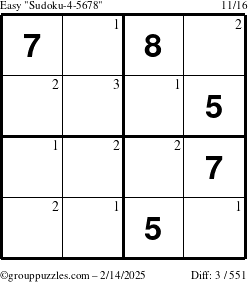 The grouppuzzles.com Easy Sudoku-4-5678 puzzle for Friday February 14, 2025 with the first 3 steps marked