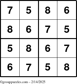 The grouppuzzles.com Answer grid for the Sudoku-4-5678 puzzle for Friday February 14, 2025