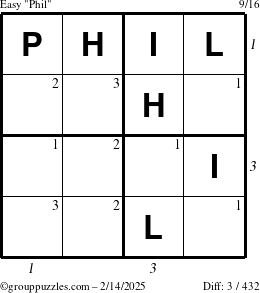 The grouppuzzles.com Easy Phil puzzle for Friday February 14, 2025 with all 3 steps marked