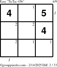 The grouppuzzles.com Easy TicTac-456 puzzle for Friday February 14, 2025 with all 2 steps marked