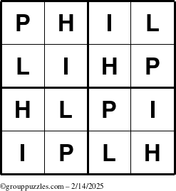 The grouppuzzles.com Answer grid for the Phil puzzle for Friday February 14, 2025