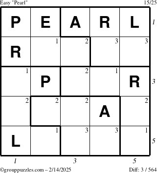 The grouppuzzles.com Easy Pearl puzzle for Friday February 14, 2025 with all 3 steps marked