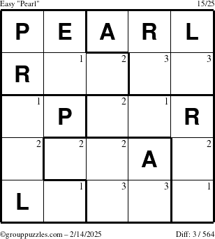 The grouppuzzles.com Easy Pearl puzzle for Friday February 14, 2025 with the first 3 steps marked