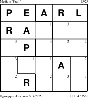 The grouppuzzles.com Medium Pearl puzzle for Friday February 14, 2025 with the first 3 steps marked