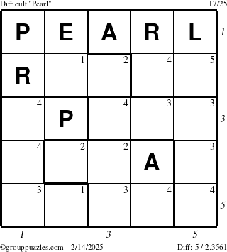 The grouppuzzles.com Difficult Pearl puzzle for Friday February 14, 2025 with all 5 steps marked