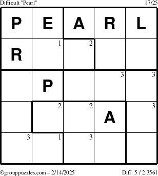 The grouppuzzles.com Difficult Pearl puzzle for Friday February 14, 2025 with the first 3 steps marked