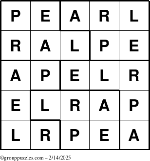 The grouppuzzles.com Answer grid for the Pearl puzzle for Friday February 14, 2025