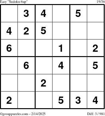 The grouppuzzles.com Easy Sudoku-6up puzzle for Friday February 14, 2025