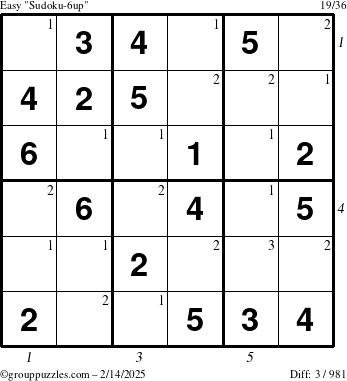 The grouppuzzles.com Easy Sudoku-6up puzzle for Friday February 14, 2025 with all 3 steps marked