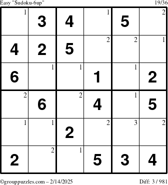 The grouppuzzles.com Easy Sudoku-6up puzzle for Friday February 14, 2025 with the first 3 steps marked