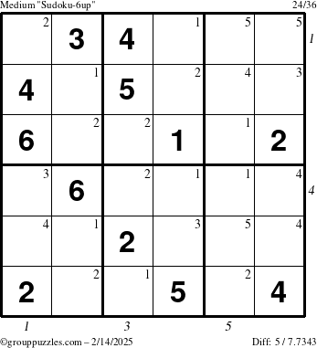 The grouppuzzles.com Medium Sudoku-6up puzzle for Friday February 14, 2025, suitable for printing, with all 5 steps marked