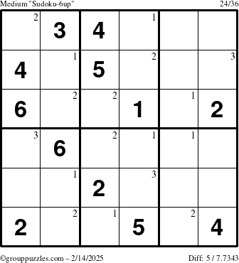 The grouppuzzles.com Medium Sudoku-6up puzzle for Friday February 14, 2025 with the first 3 steps marked