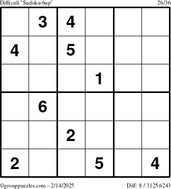 The grouppuzzles.com Difficult Sudoku-6up puzzle for Friday February 14, 2025