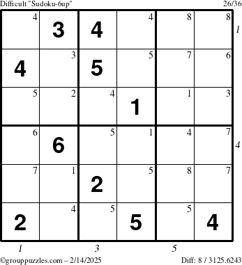 The grouppuzzles.com Difficult Sudoku-6up puzzle for Friday February 14, 2025 with all 8 steps marked