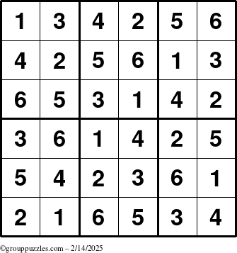 The grouppuzzles.com Answer grid for the Sudoku-6up puzzle for Friday February 14, 2025