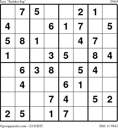 The grouppuzzles.com Easy Sudoku-8up puzzle for Friday February 14, 2025