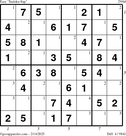 The grouppuzzles.com Easy Sudoku-8up puzzle for Friday February 14, 2025 with all 4 steps marked