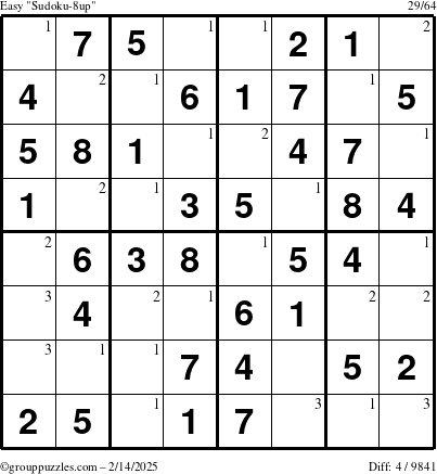 The grouppuzzles.com Easy Sudoku-8up puzzle for Friday February 14, 2025 with the first 3 steps marked