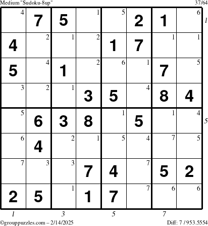 The grouppuzzles.com Medium Sudoku-8up puzzle for Friday February 14, 2025, suitable for printing, with all 7 steps marked