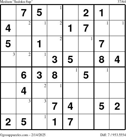 The grouppuzzles.com Medium Sudoku-8up puzzle for Friday February 14, 2025 with the first 3 steps marked