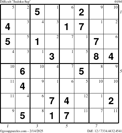 The grouppuzzles.com Difficult Sudoku-8up puzzle for Friday February 14, 2025 with all 12 steps marked