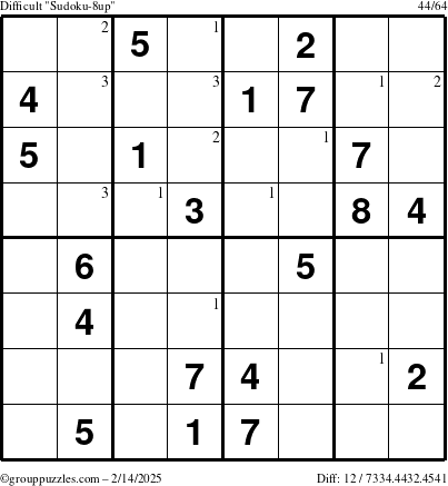 The grouppuzzles.com Difficult Sudoku-8up puzzle for Friday February 14, 2025 with the first 3 steps marked