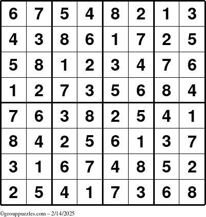 The grouppuzzles.com Answer grid for the Sudoku-8up puzzle for Friday February 14, 2025