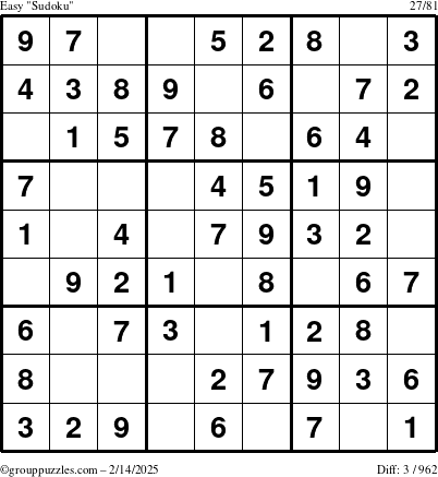 The grouppuzzles.com Easy Sudoku puzzle for Friday February 14, 2025