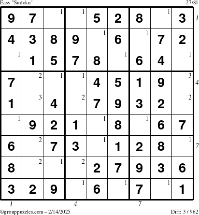 The grouppuzzles.com Easy Sudoku puzzle for Friday February 14, 2025 with all 3 steps marked