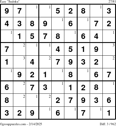 The grouppuzzles.com Easy Sudoku puzzle for Friday February 14, 2025 with the first 3 steps marked