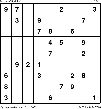 The grouppuzzles.com Medium Sudoku puzzle for Friday February 14, 2025