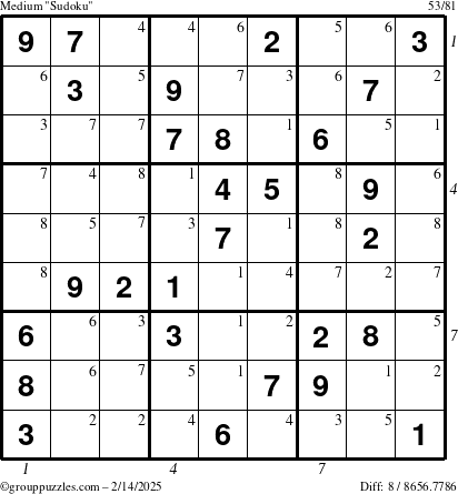 The grouppuzzles.com Medium Sudoku puzzle for Friday February 14, 2025, suitable for printing, with all 8 steps marked