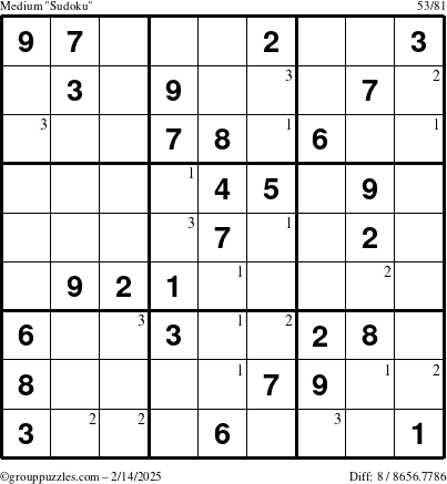 The grouppuzzles.com Medium Sudoku puzzle for Friday February 14, 2025 with the first 3 steps marked