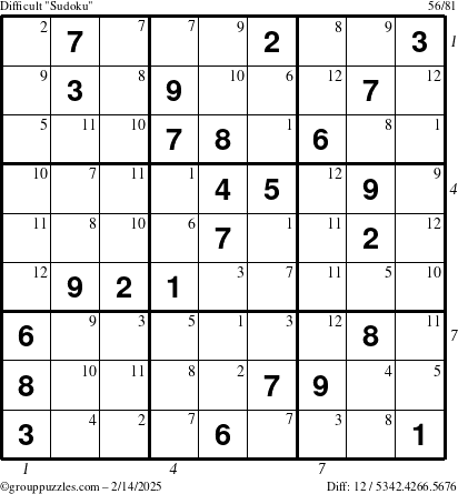 The grouppuzzles.com Difficult Sudoku puzzle for Friday February 14, 2025 with all 12 steps marked