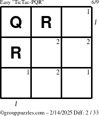 The grouppuzzles.com Easy TicTac-PQR puzzle for Friday February 14, 2025 with all 2 steps marked